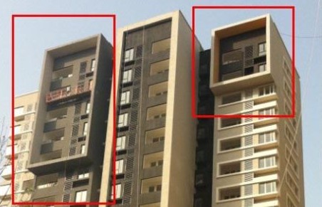 紅圈處為萬(wàn)科城住宅設(shè)計(jì)的凸出建筑“方框”墻，擋住了多處住房的光線