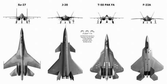 資料圖：殲-20戰(zhàn)機(jī)與蘇-27、T-50、F-22A對(duì)比圖。