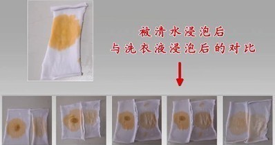 只用清水浸泡再手搓的布條與其他布條的對比。